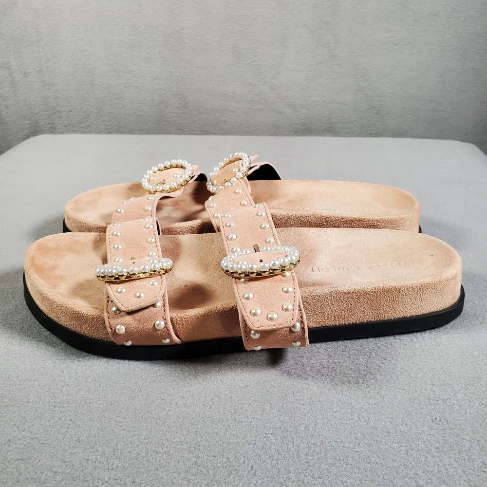 Rebecca Minkoff Veeoleeta Sandal Womens 7 Pink Pearl Buckle Suede Leather Slides - Picture 5 of 9